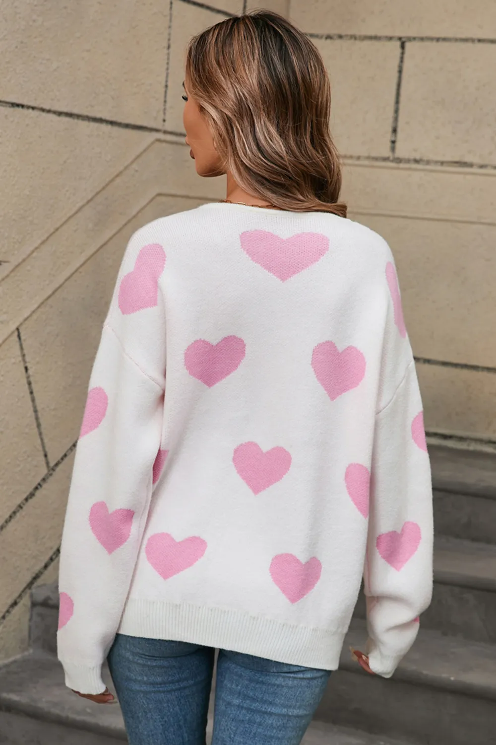Heart Round Neck Dropped Shoulder Sweater, image 5