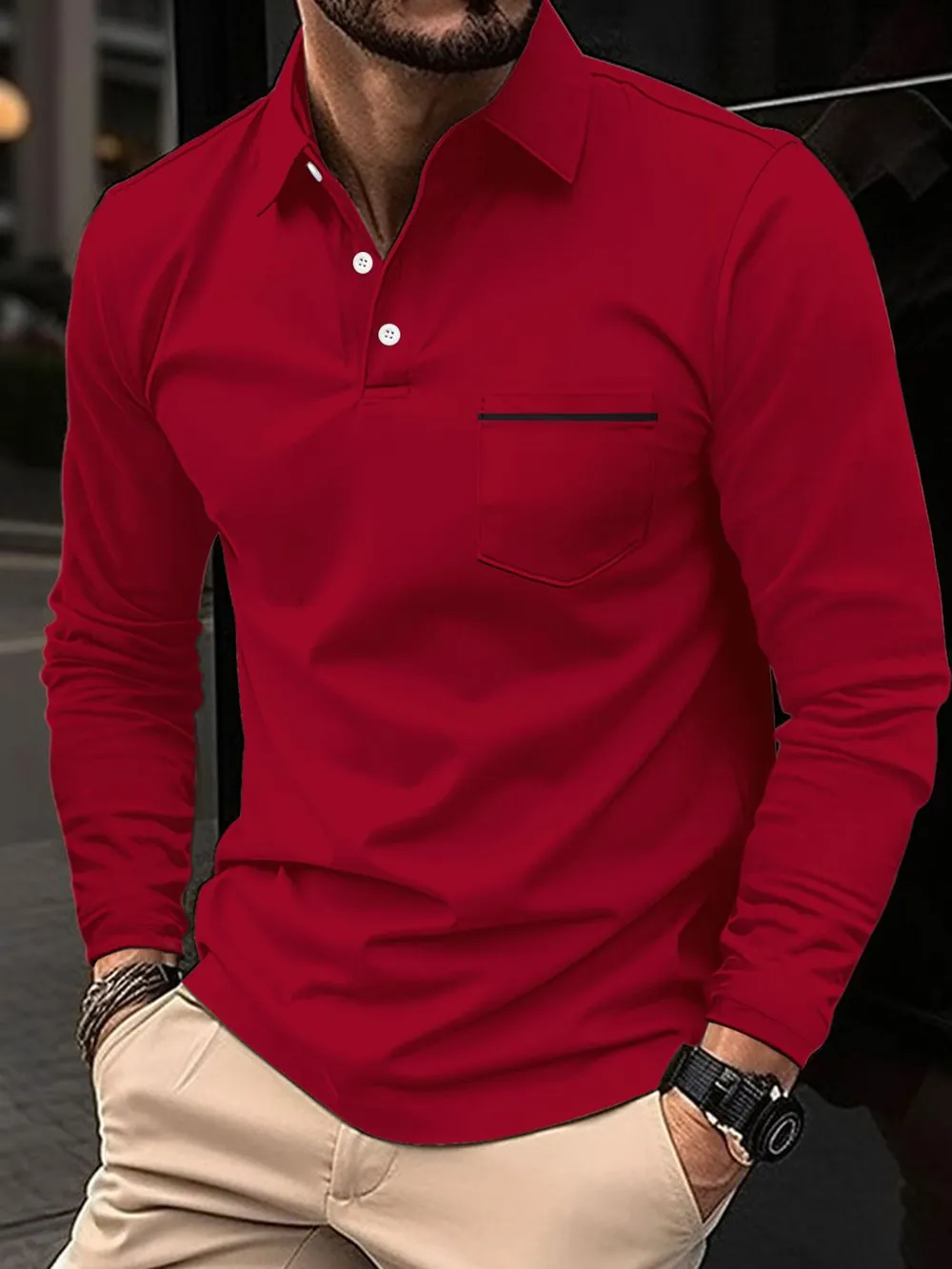 Men's Full Size Button Detail Long Sleeve Polo Plus Size, image 7