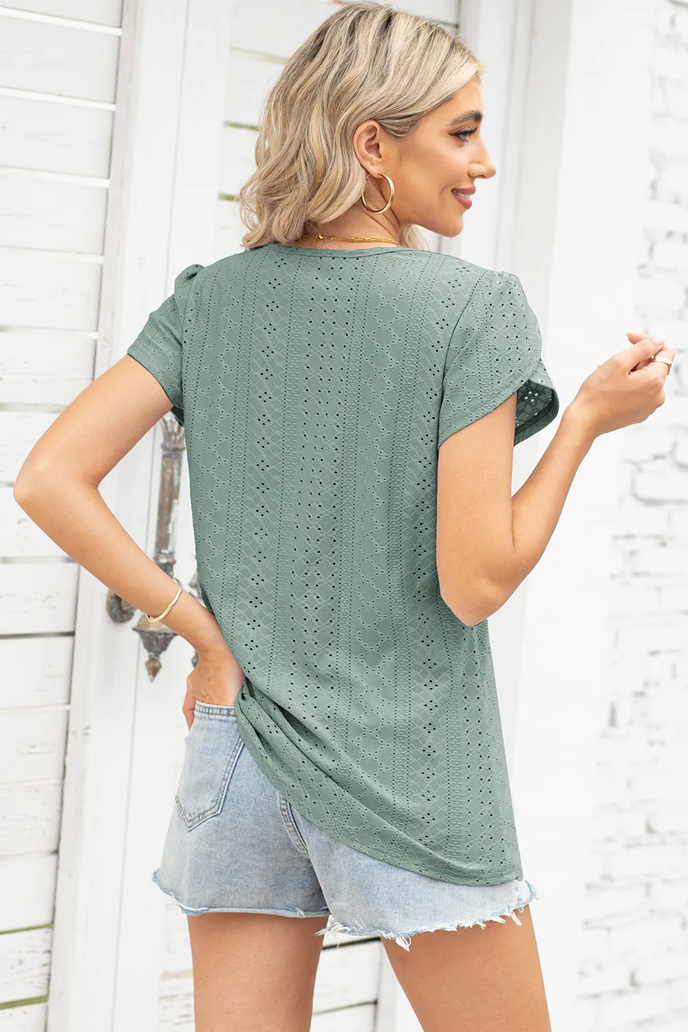 Eyelet Notched Petal Sleeve Blouse, image 16