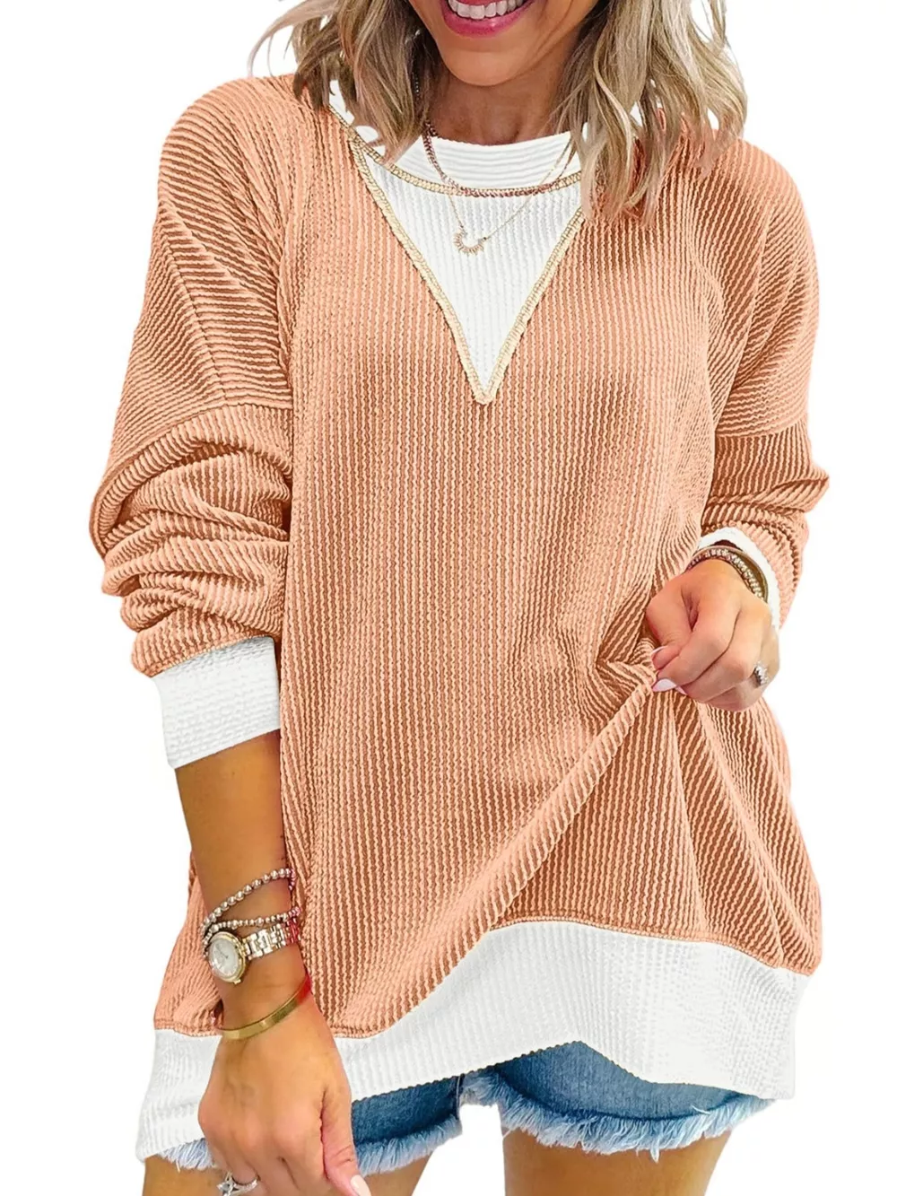 Two-Tone Ribbed Knit Sweatshirt, image 5