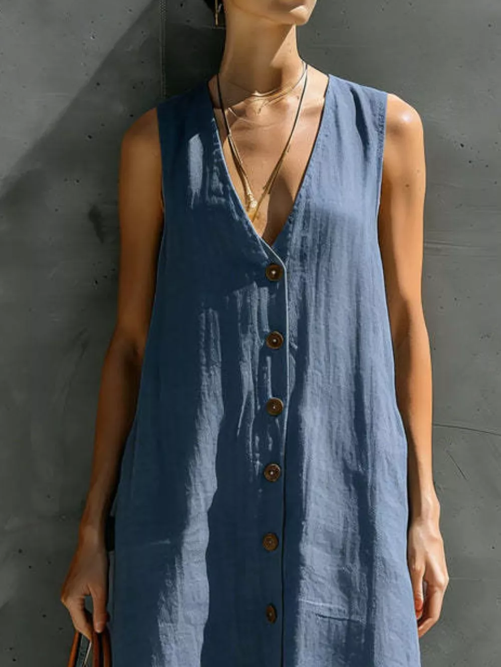 Full Size Sleeveless V-Neck Button-Down Linen Maxi Dress Plus Size, image 8