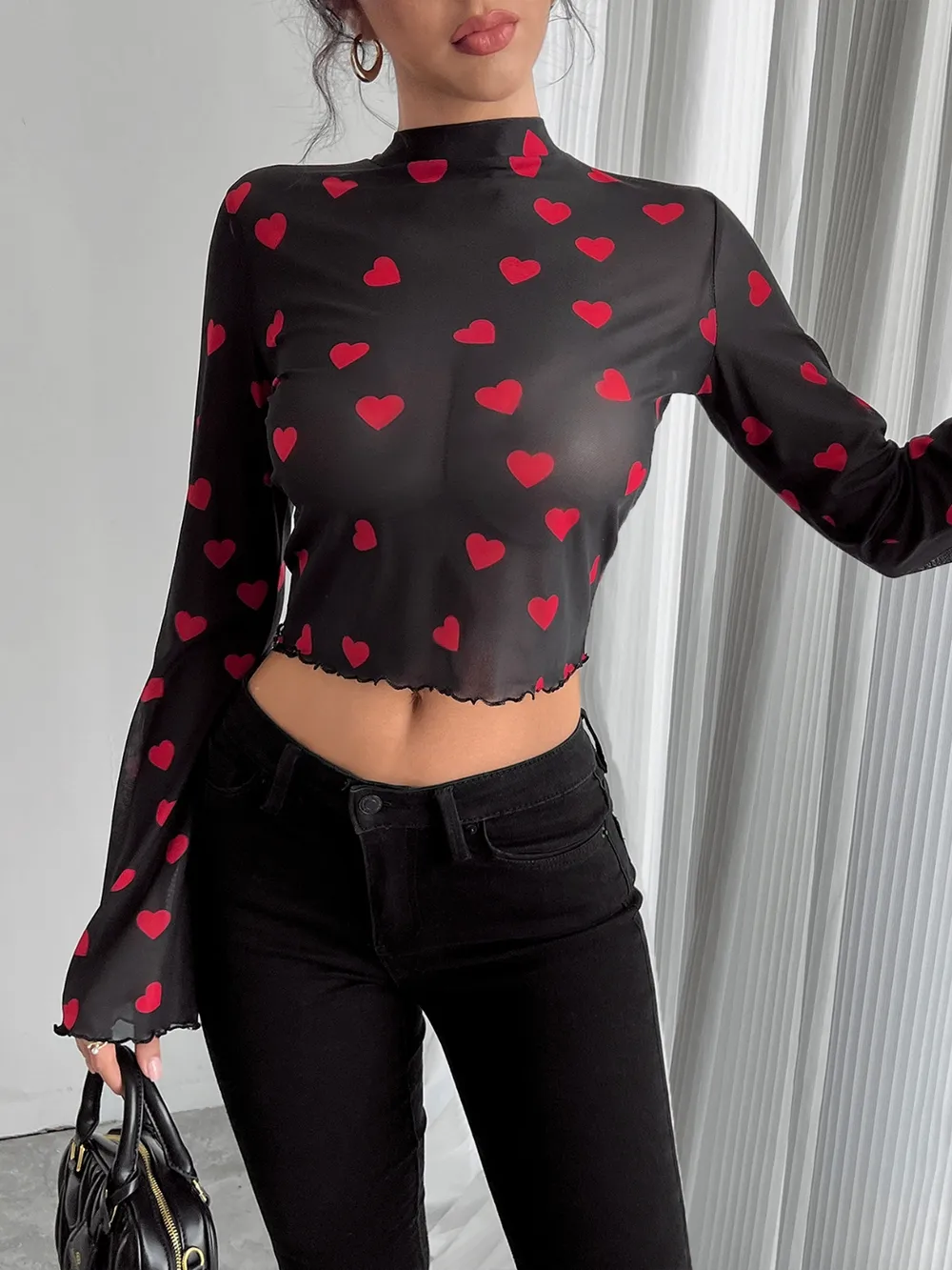Printed Mock Neck Long Sleeve Cropped T-Shirt, image 3