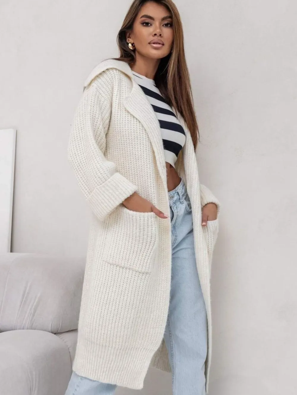 Pocketed Collared Neck Dropped Shoulder Cardigan, image 7