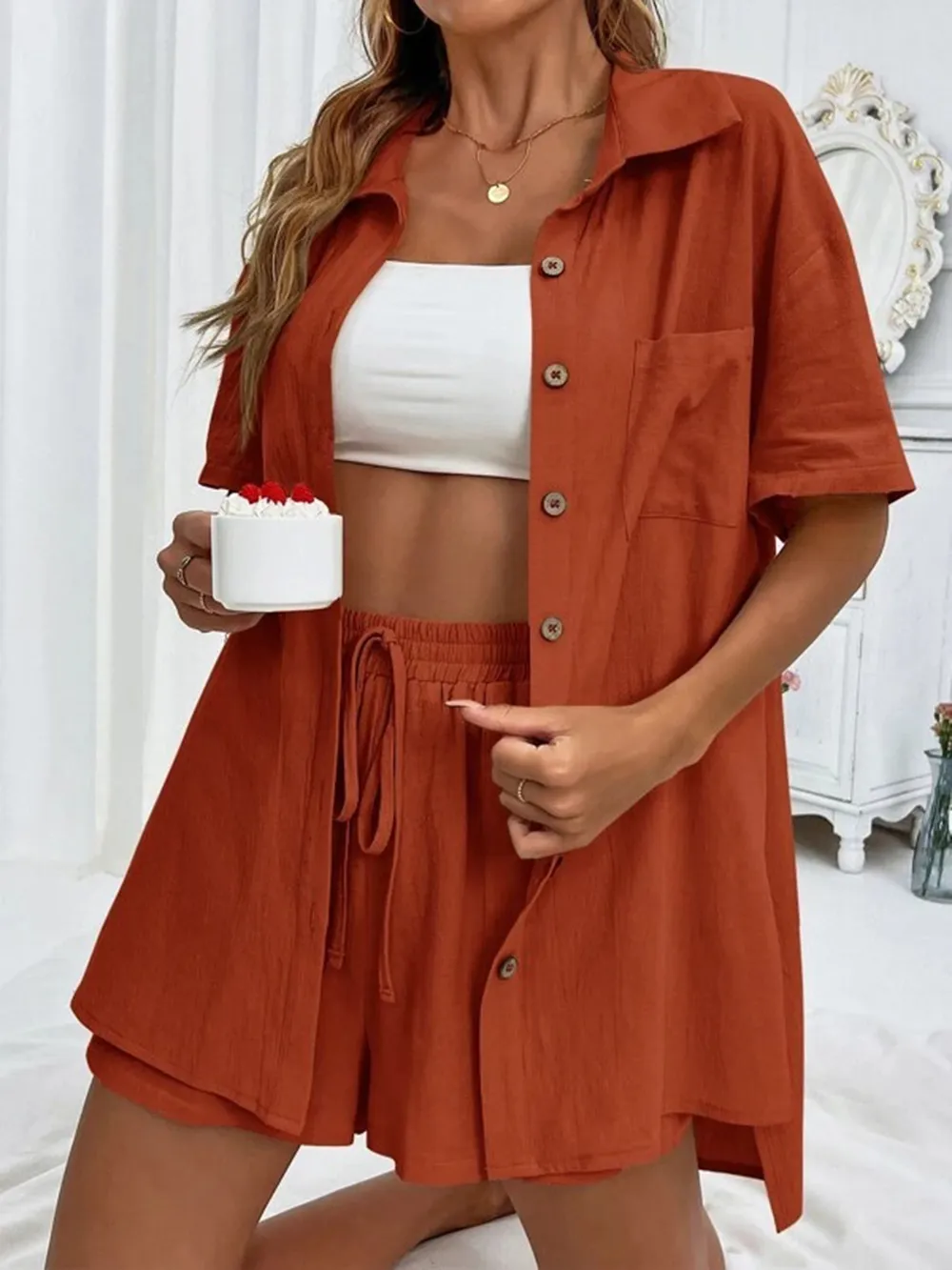 Button Up Shirt and Drawstring Shorts Set, image 16