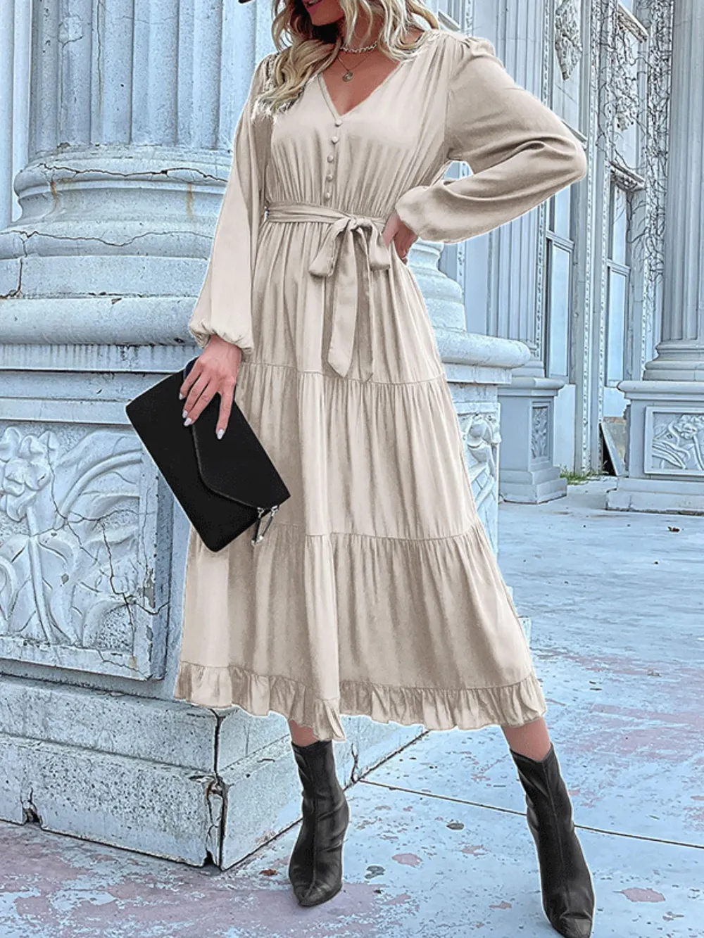 Ruffled Hem V-Neck Balloon Sleeve Dress, image 11
