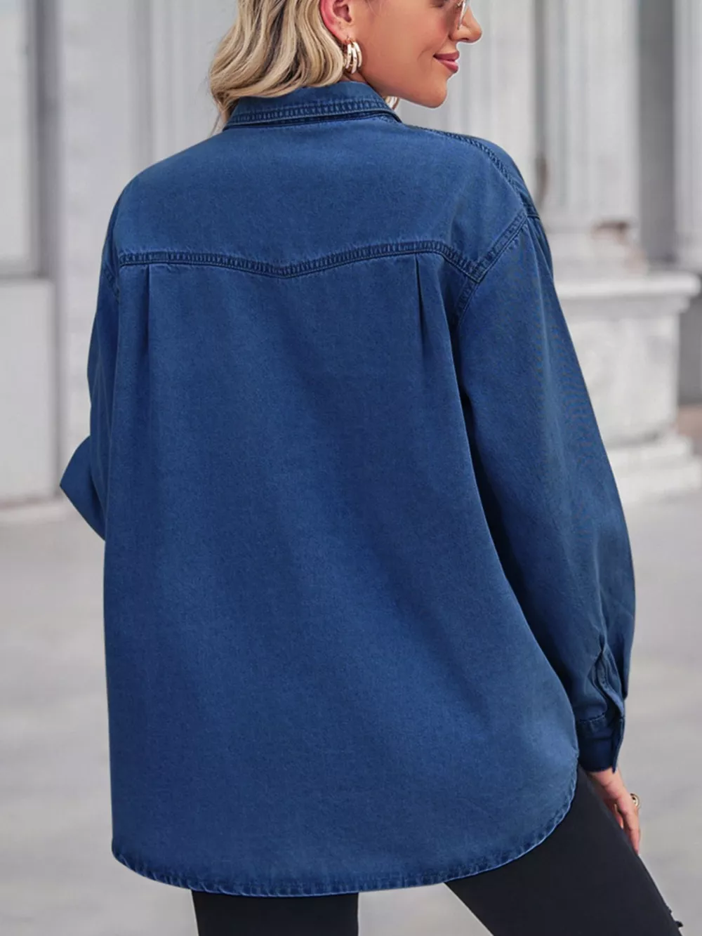 Button Down Washed Denim Shirt with Chest Pockets, image 3