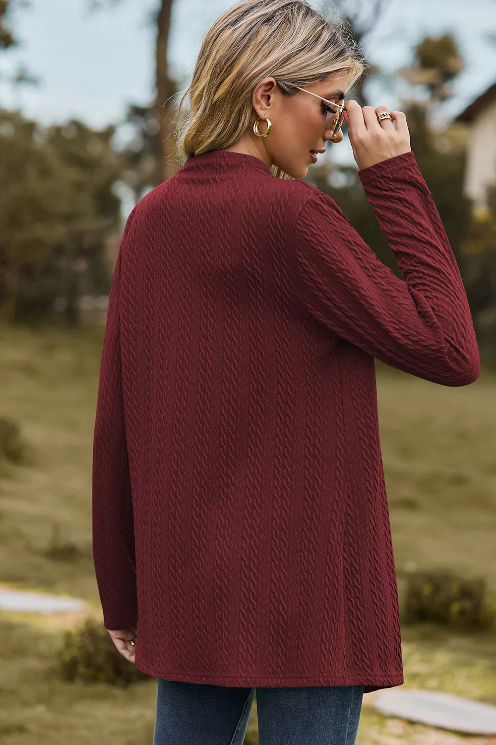 Textured Open Front Long Sleeve Cardigan, image 4