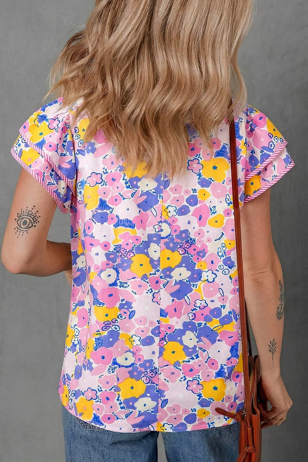 Floral Print Striped Color Block Patchwork V Neck Flutter Sleeve Blouse, image 2