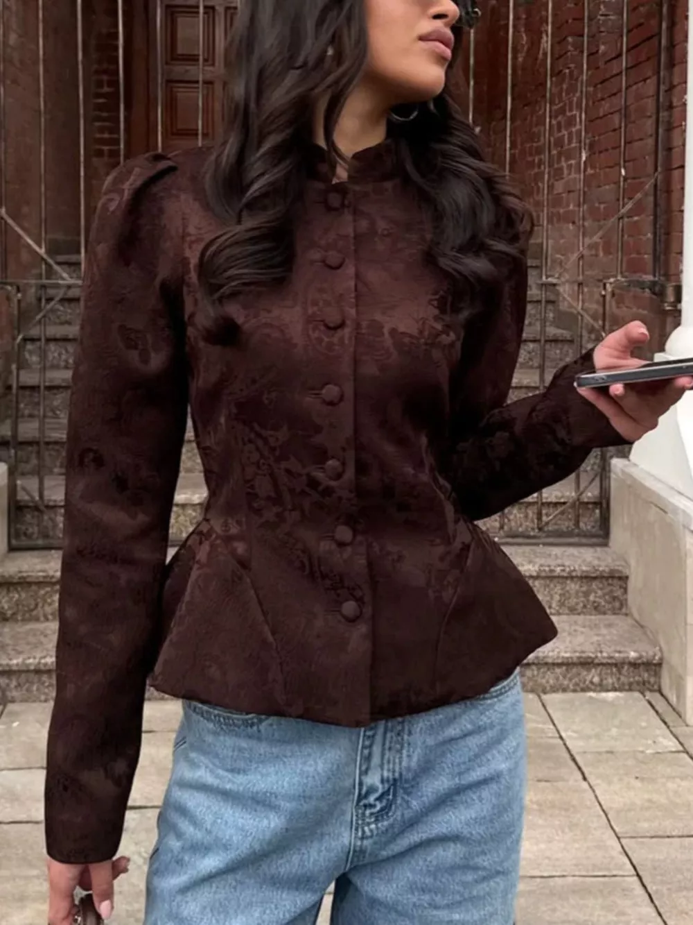 Jacquard Peplum Puff Sleeve Outerwear, image 12