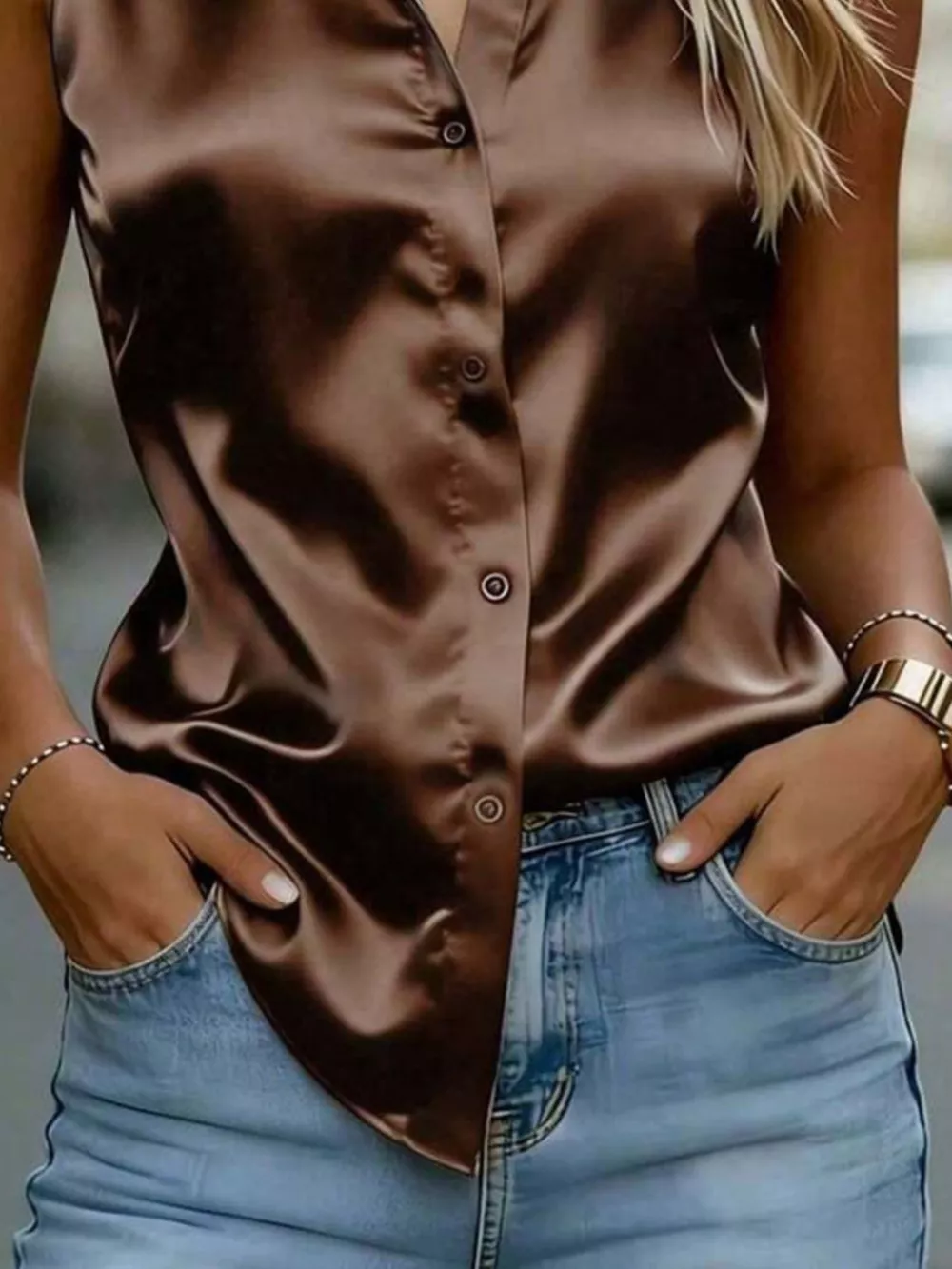 Satin Button Up Sleeveless Shirt, image 9