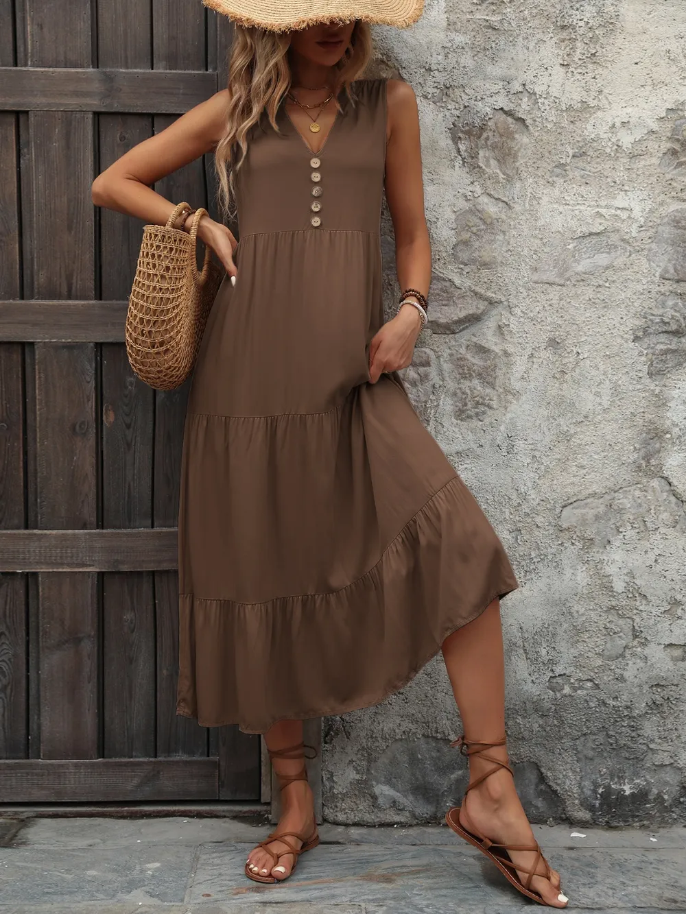Decorative Button Notched Sleeveless Dress, image 10