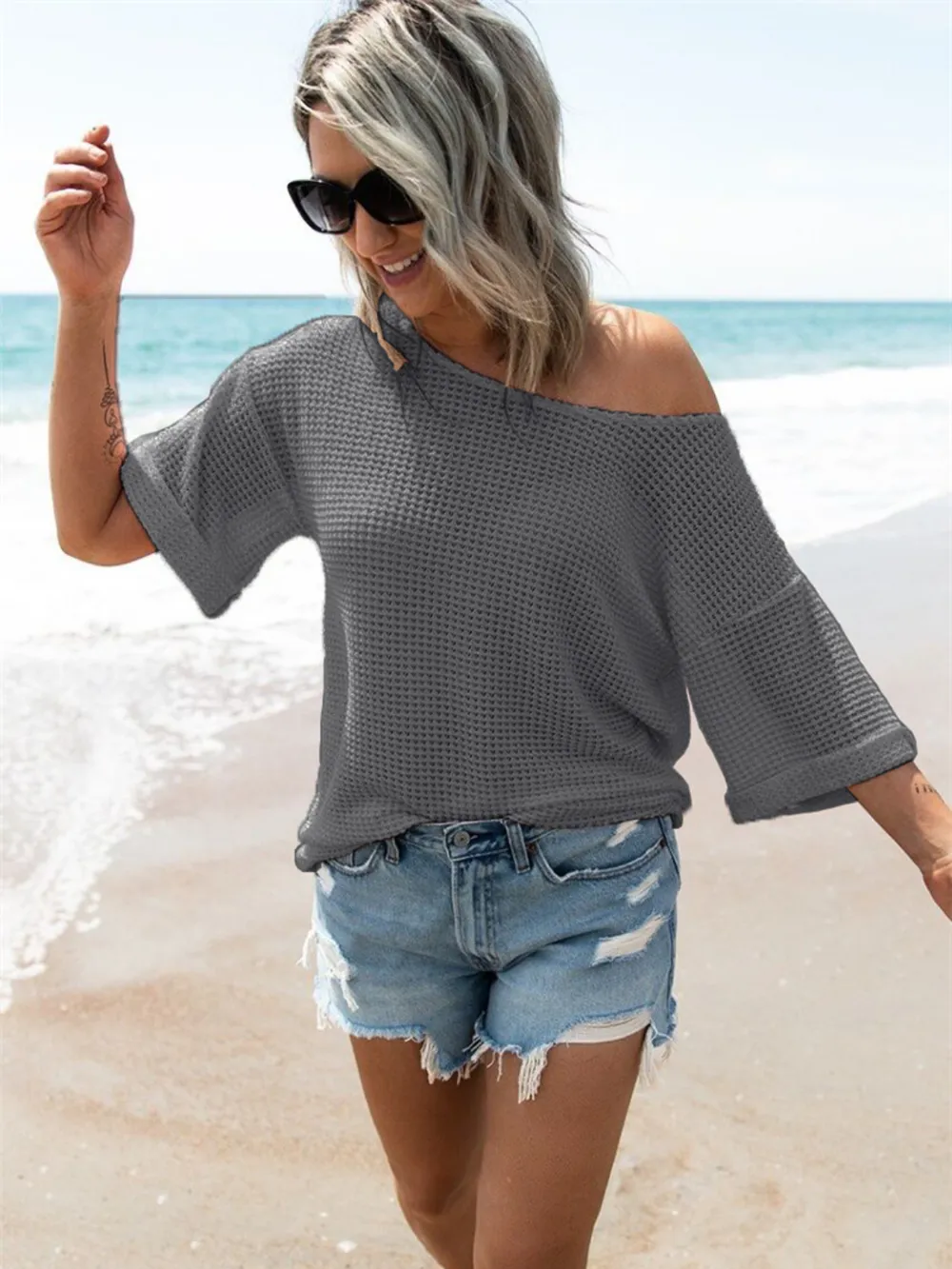 Waffle Knit Boat Neck Half Sleeve T-Shirt, image 3