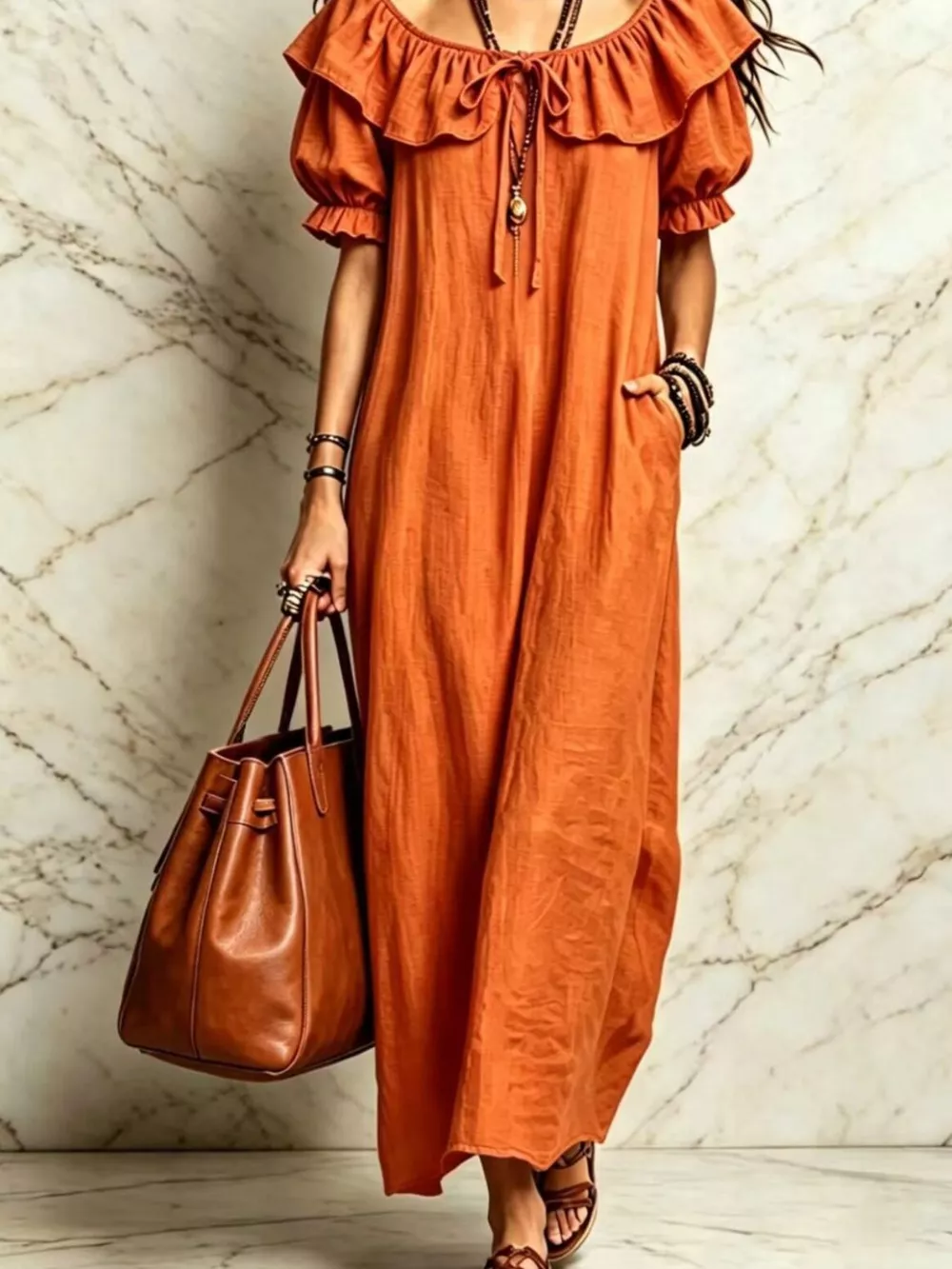 Ruffle Trim Puff Sleeve Maxi Dress, image 7