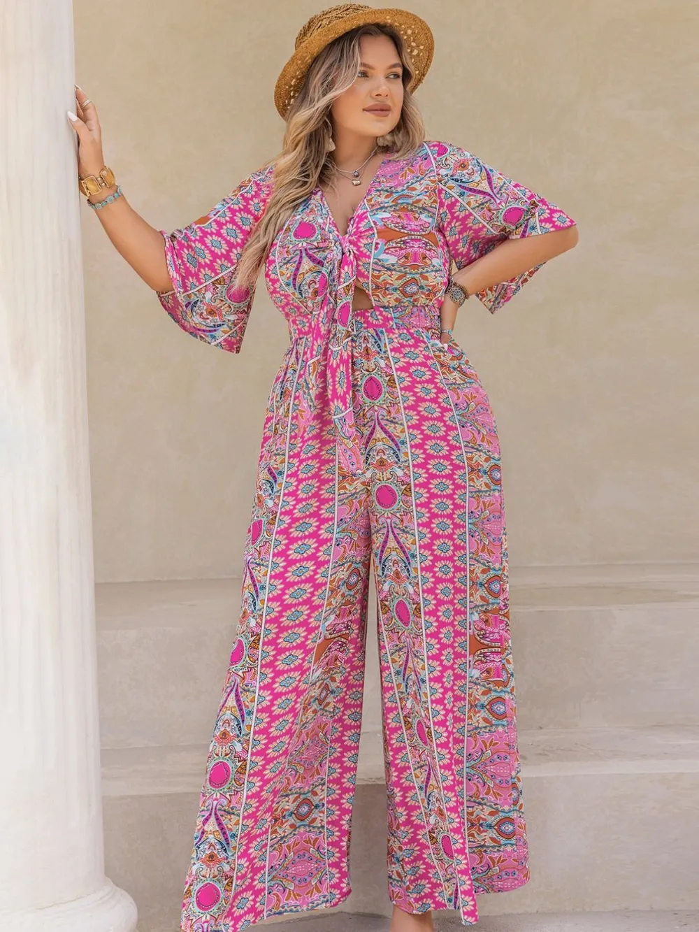 Plus Size Printed Half Sleeve Wide Leg Jumpsuit, image 5