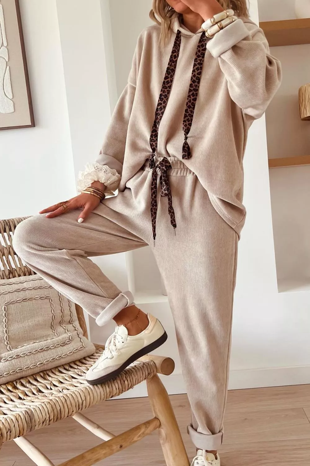 Leopard Drawstring Hoodie and Pants Set, image 2