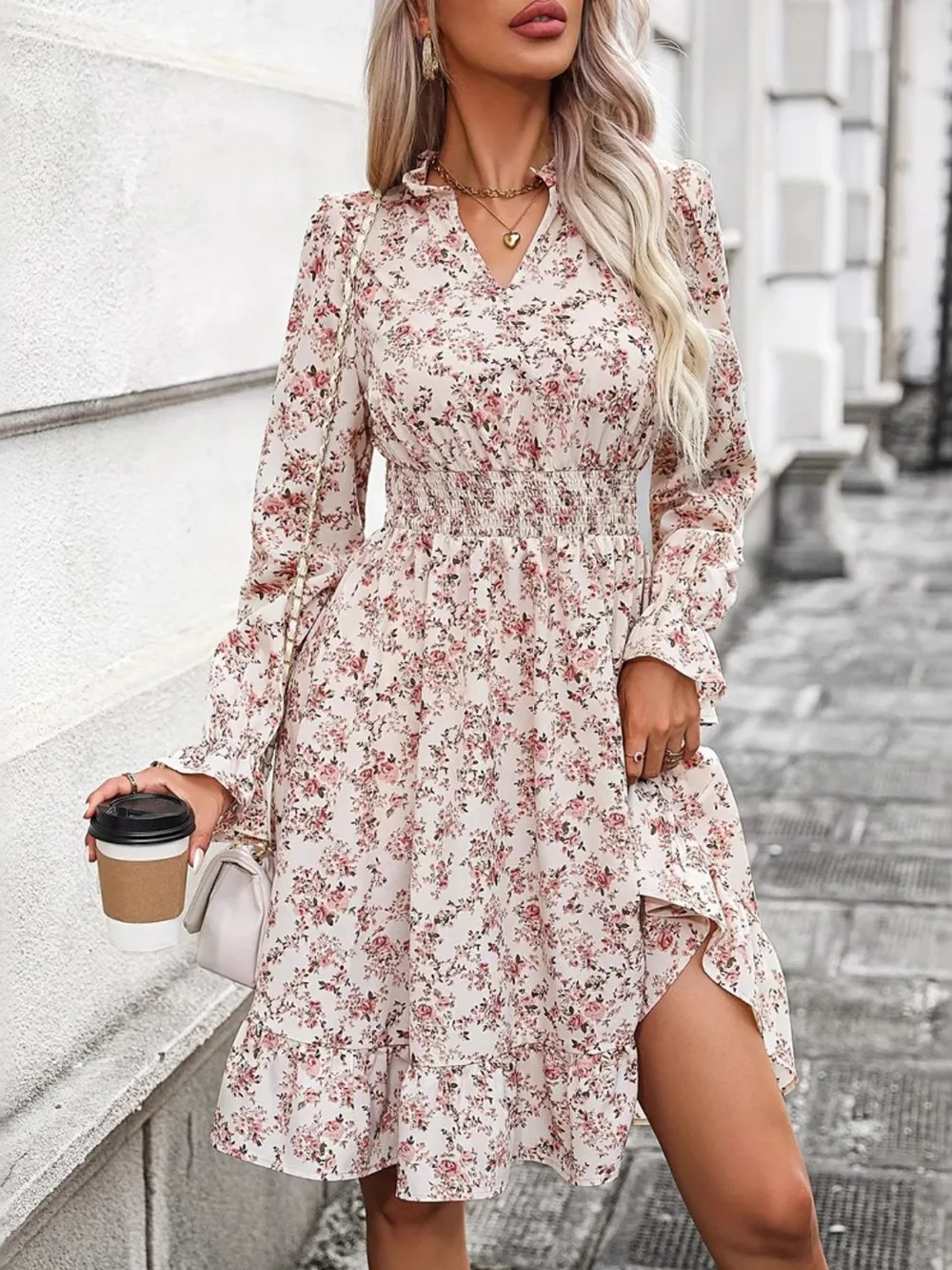 Ruffle Hem Floral Surplice Long Sleeve Dress, image 4