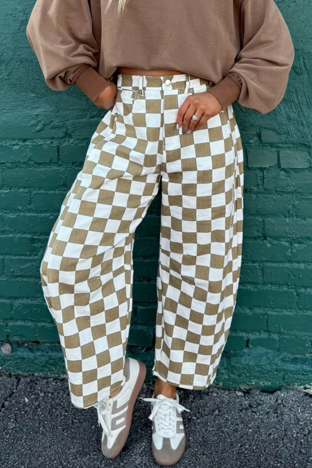 Checkered Print Denim Barrel Pants, image 2