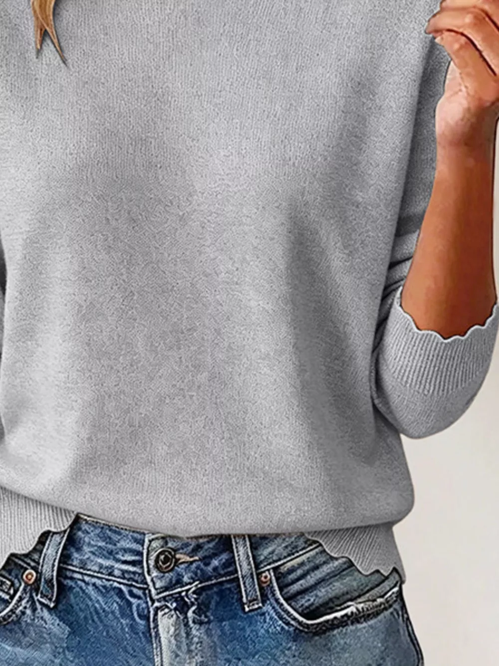 Full Size Scalloped Trim Crew Neck Sweater Plus Size, image 10