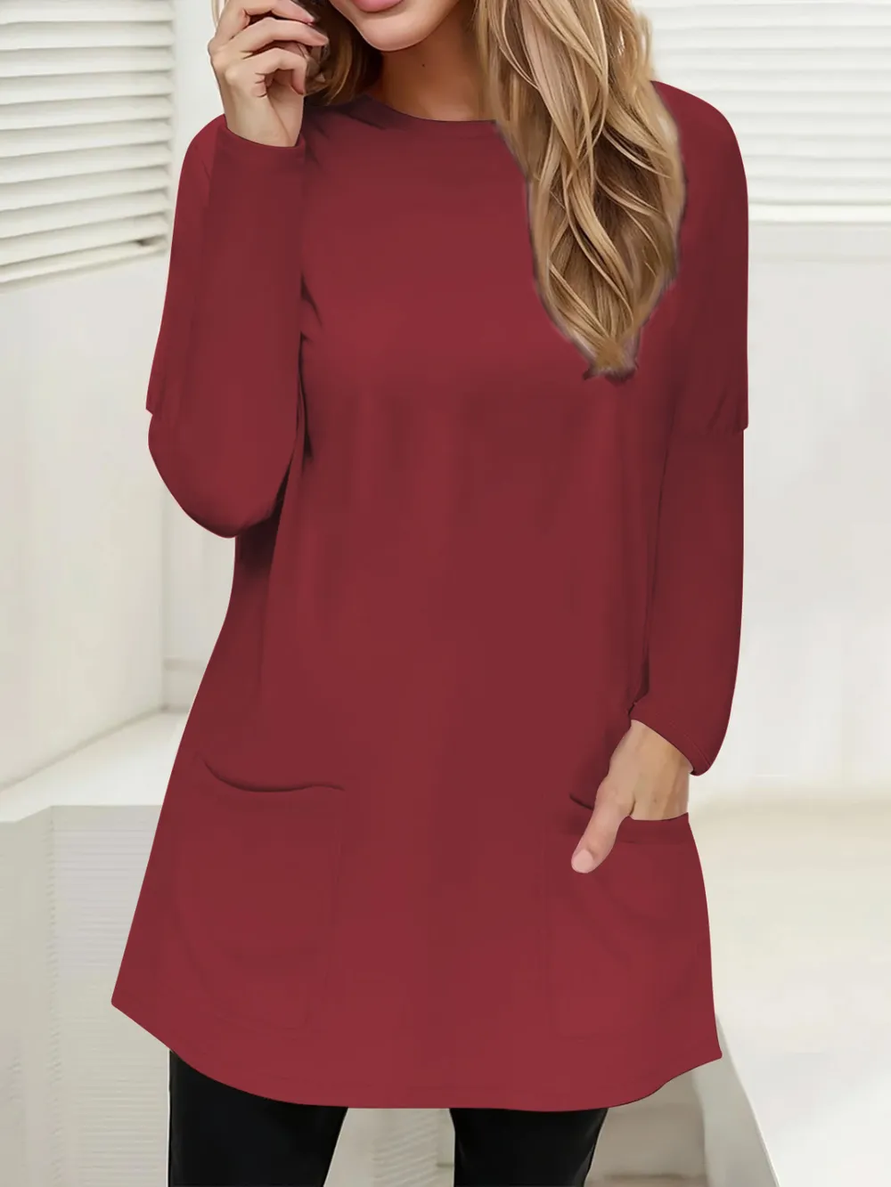 Full Size Pocketed Round Neck Long Sleeve T-Shirt, image 31