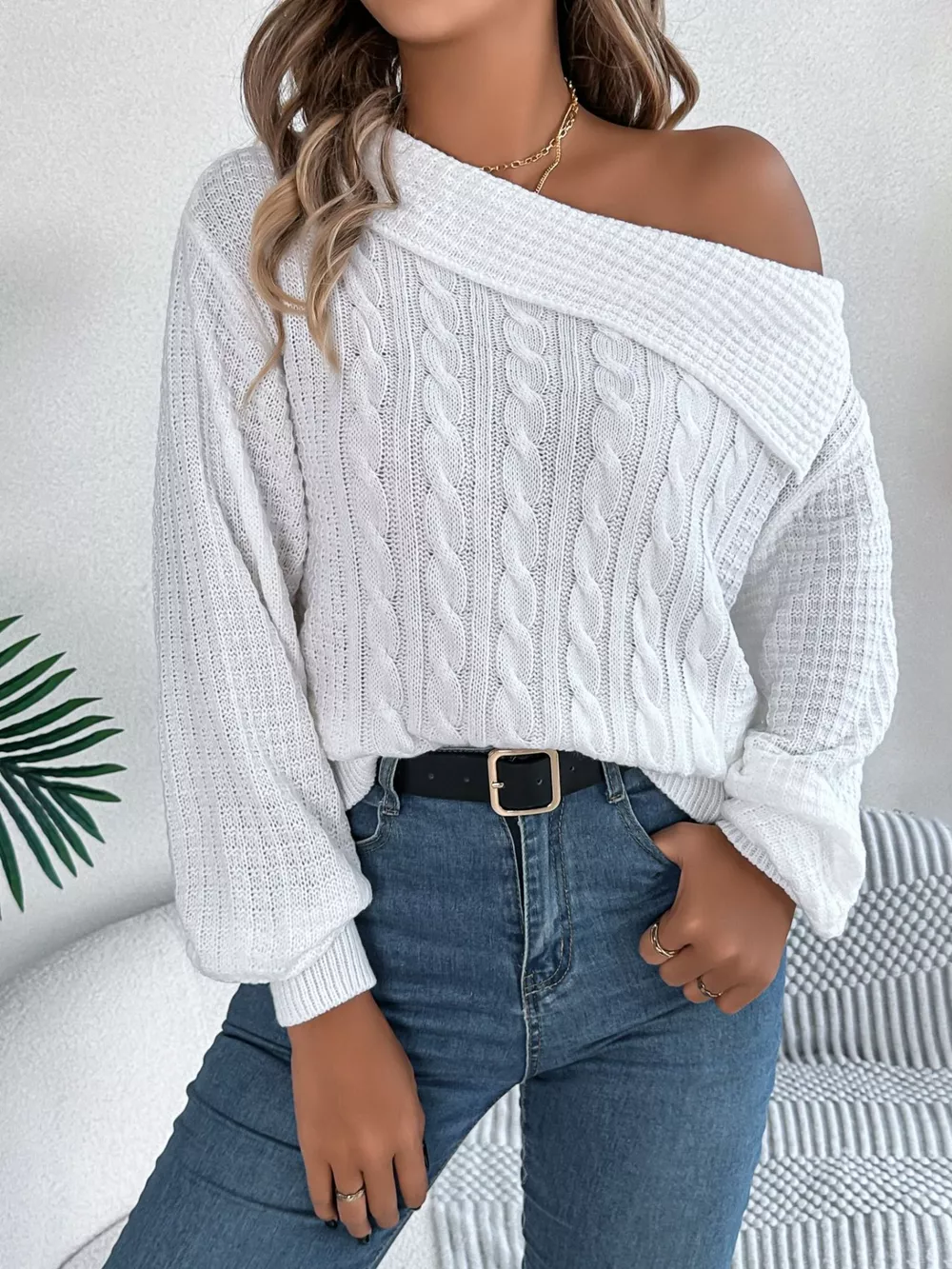 Off-Shoulder Cable Knit Sweater, image 5
