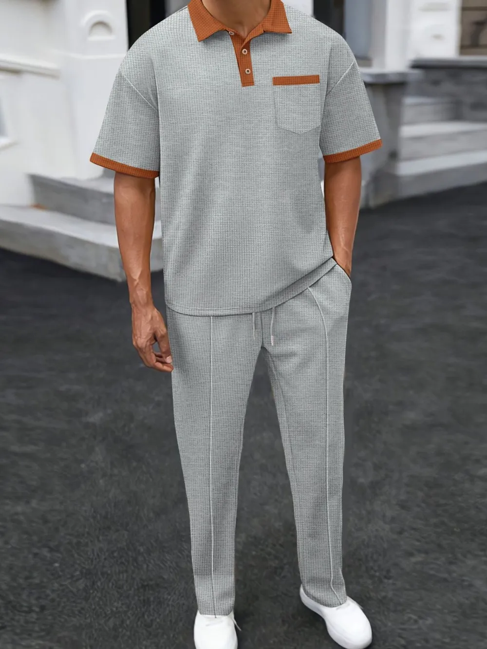 Men's Full Size Waffle-Knit Contrast Polo and Pants Set Plus Size, image 3