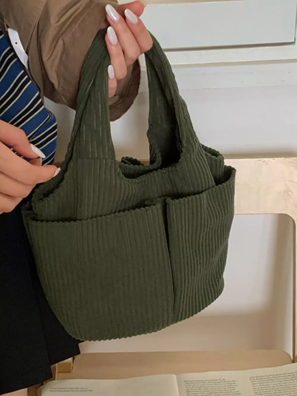 Corduroy Solid Color Handbag, image 7