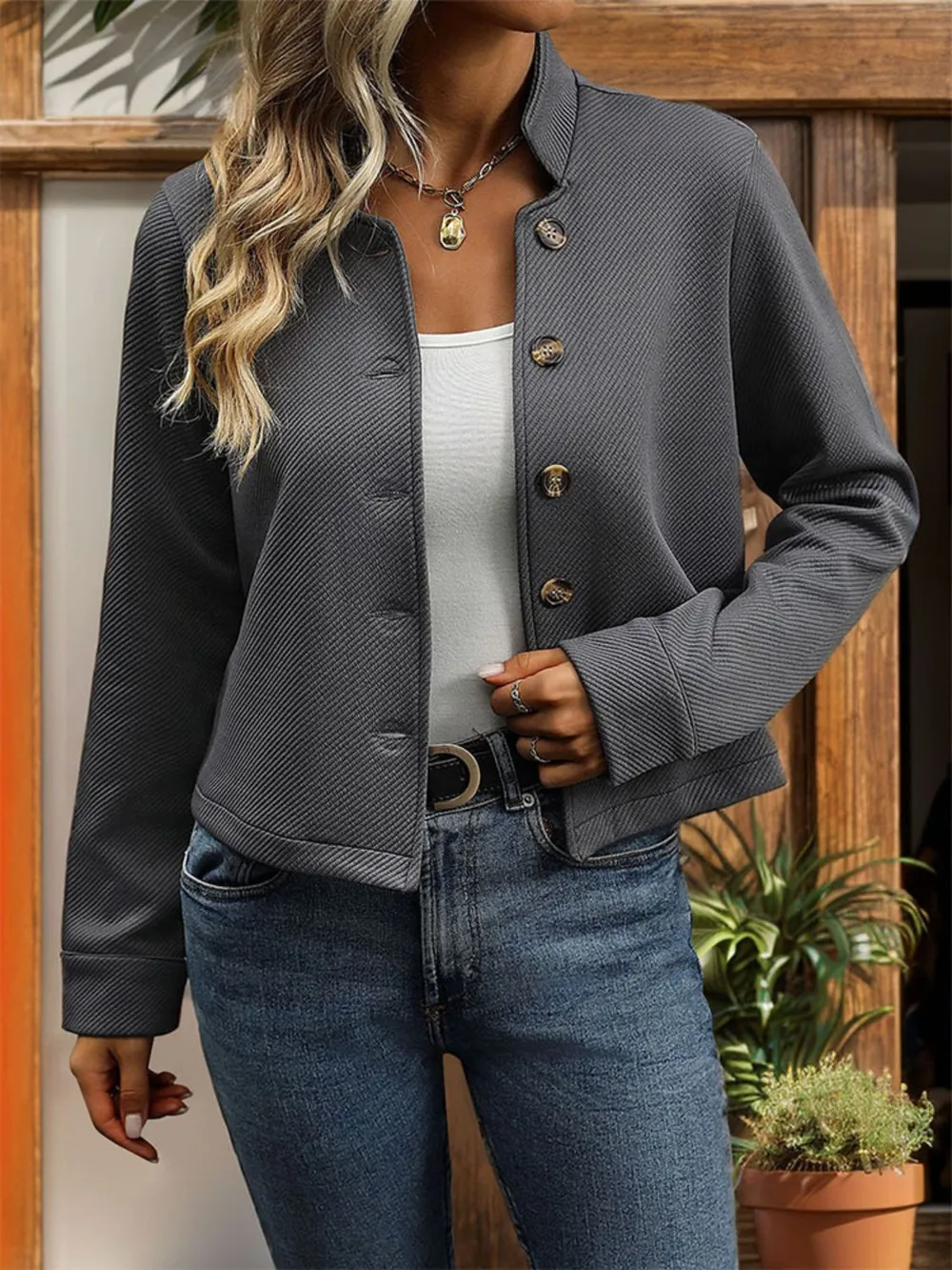 Textured Button Up Long Sleeve Jacket, image 4
