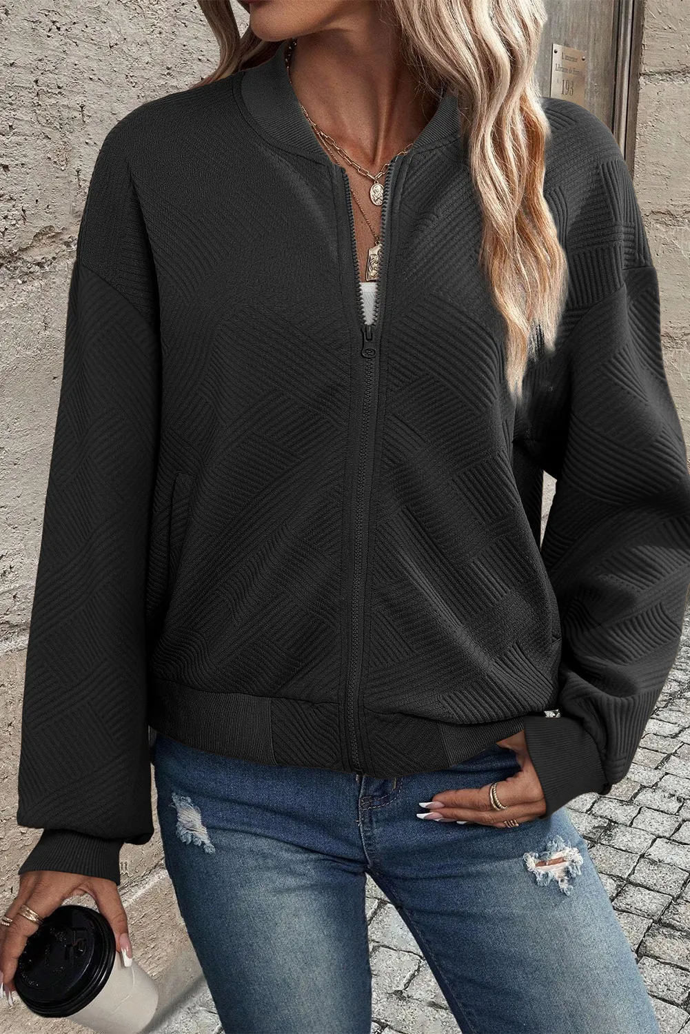 Textured Zip Up Baseball Collar Jacket, image 6