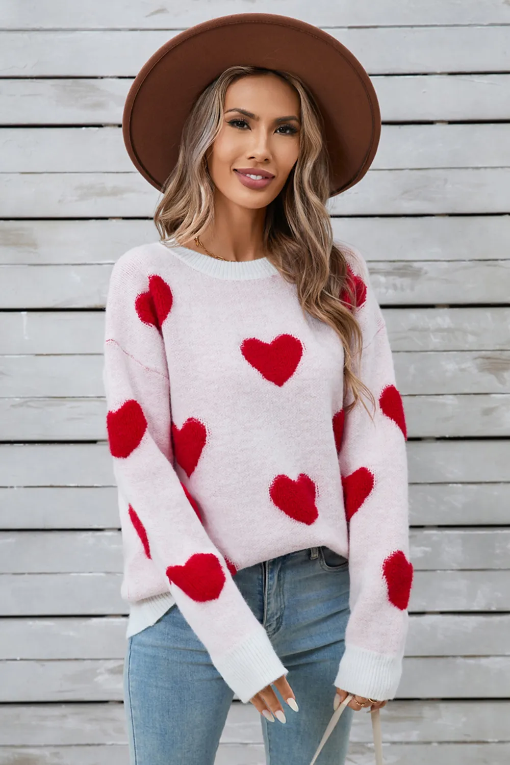 Heart Round Neck Long Sleeve Sweater, image 4