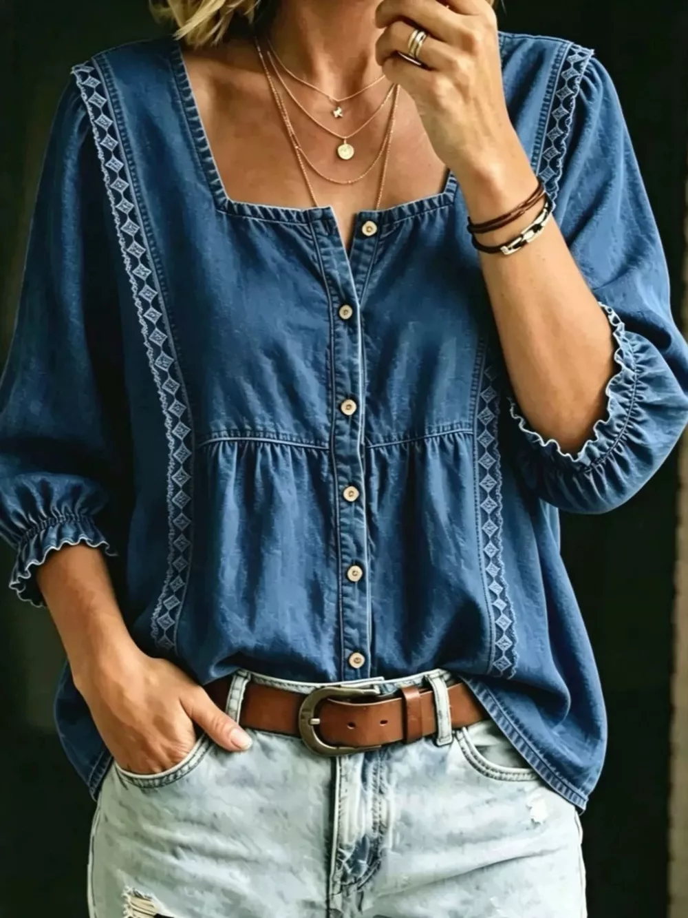 Full Size Square Neck Button-Down Denim Shirt Plus Size, image 4