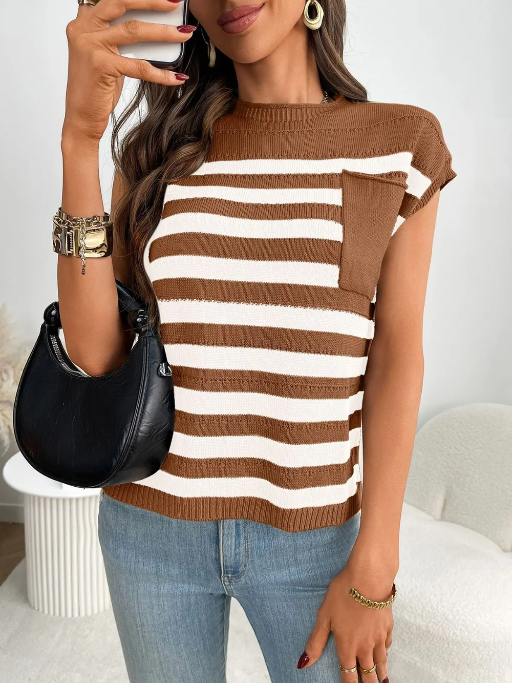 Striped Mock Neck Cap Sleeve Knit Top, image 12