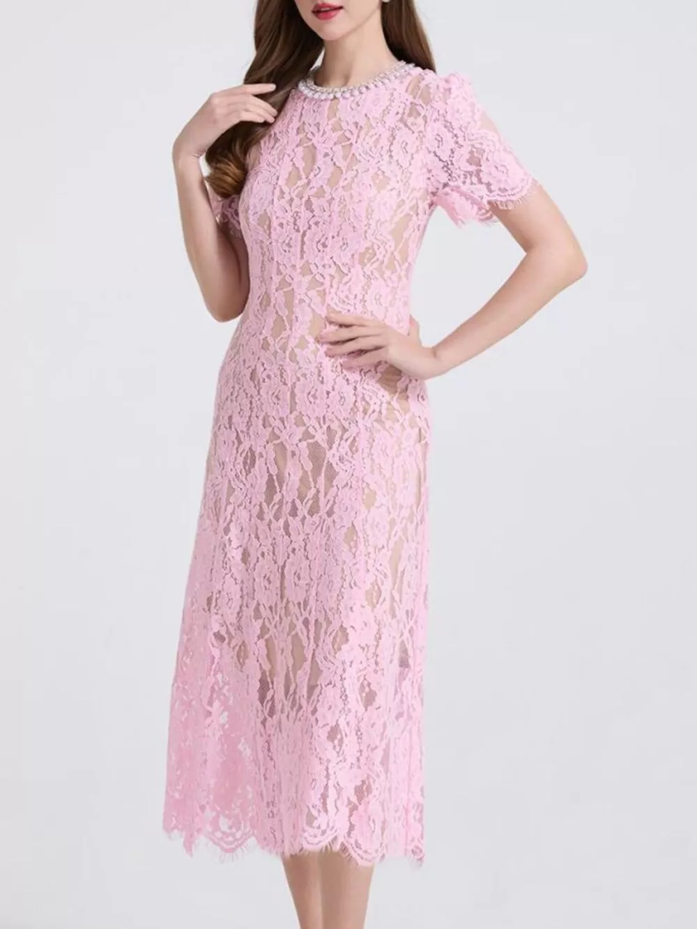 Lace Pearl Neckline Midi Dress, image 4