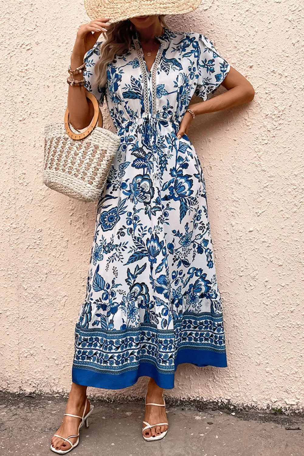 Printed Notched Short Sleeve Dress, image 5