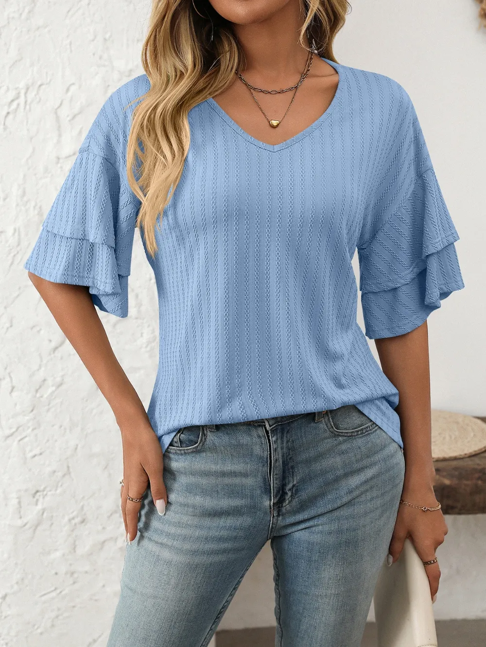 V-Neck Ruffle Half Sleeve Top, image 8