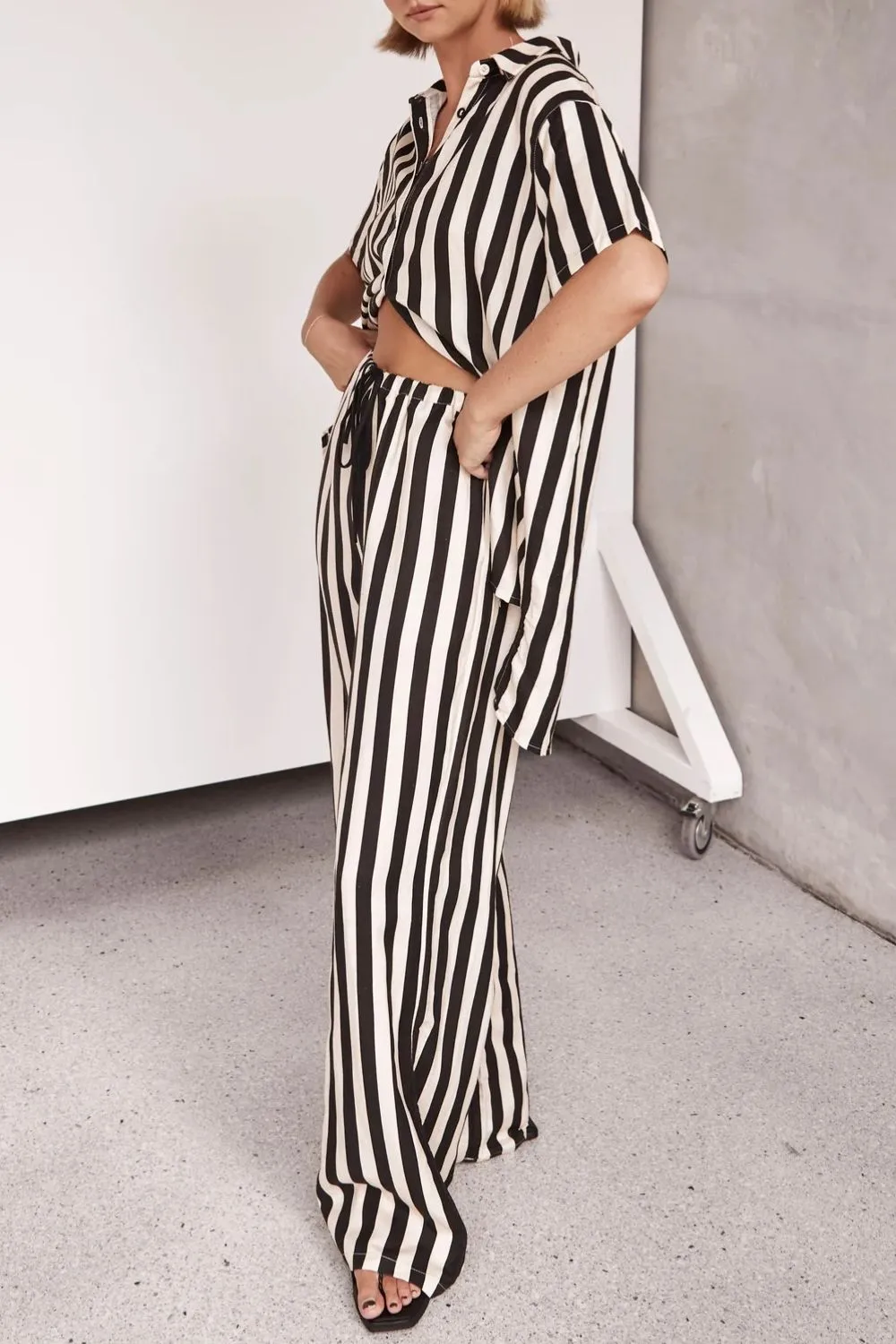 Striped Collared Neck Half Sleeve Top and Pants Set, image 2