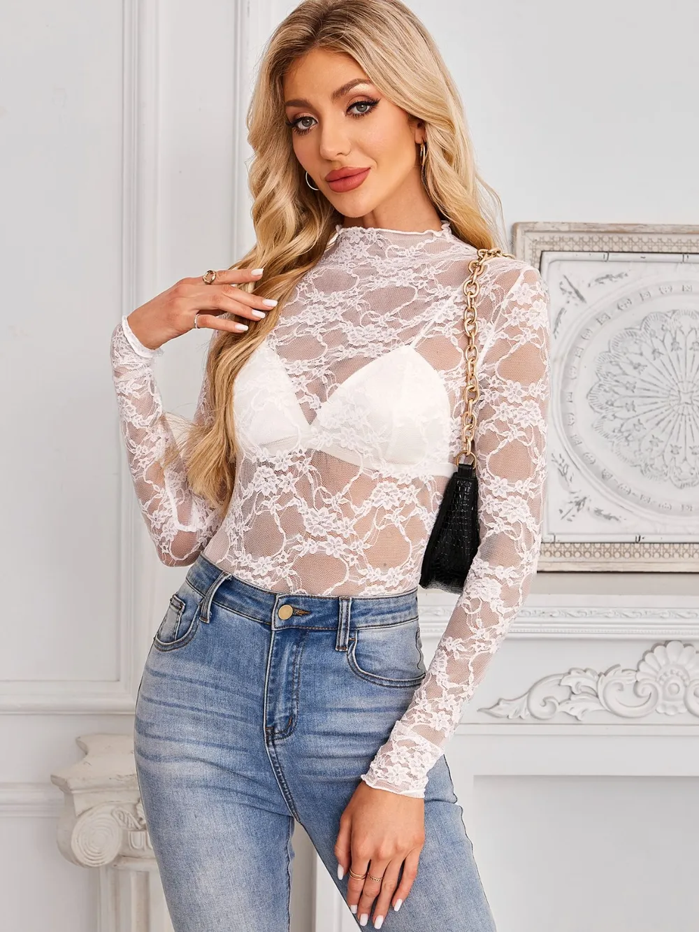 Mock Neck Long Sleeve Lace Sheer Top, image 12