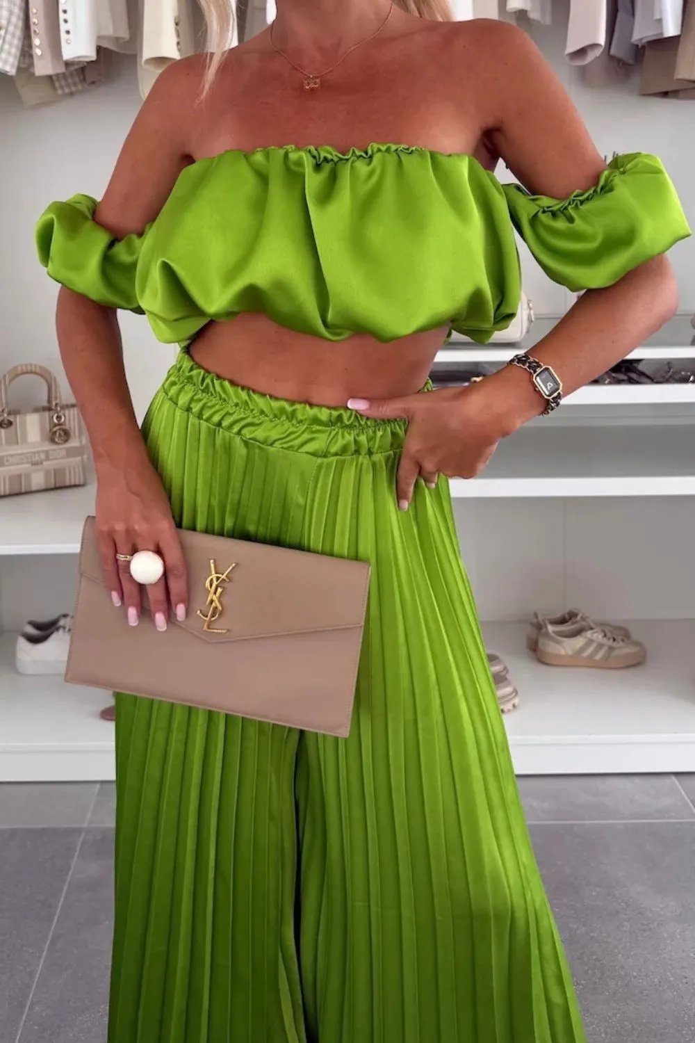 Off-Shoulder Top and Pleated Pants Set, image 9