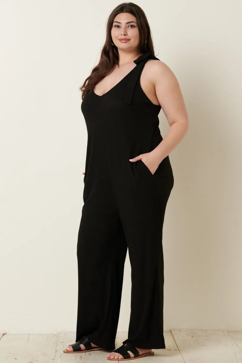 Rib Knit V-Neck Cross Back Jumpsuit, image 6