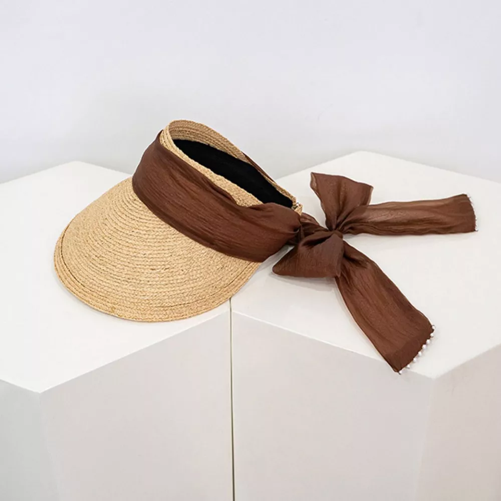 Ribbon-Tie Straw Visor Sun Hat, image 2