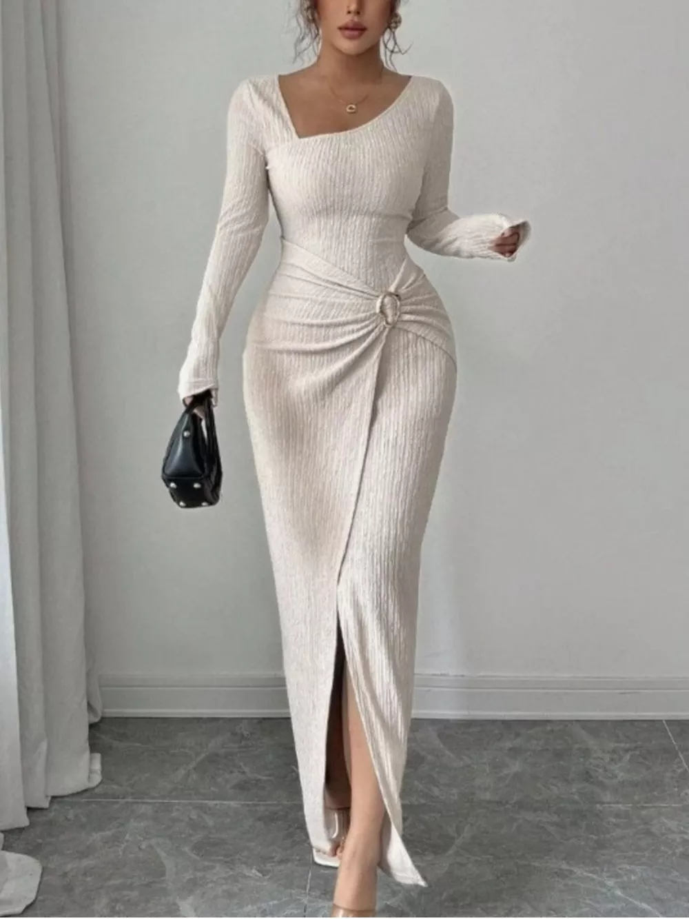 Slit Asymmetrical Neck Ribbed Maxi Dress