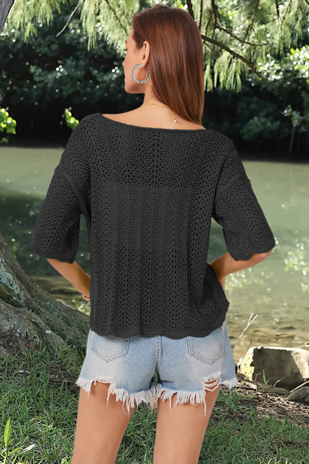 Openwork Round Neck Half Sleeve Knit Top, image 9