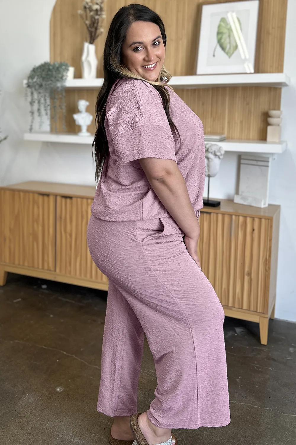 Full Size Texture Short Sleeve Top and Pants Set, image 6