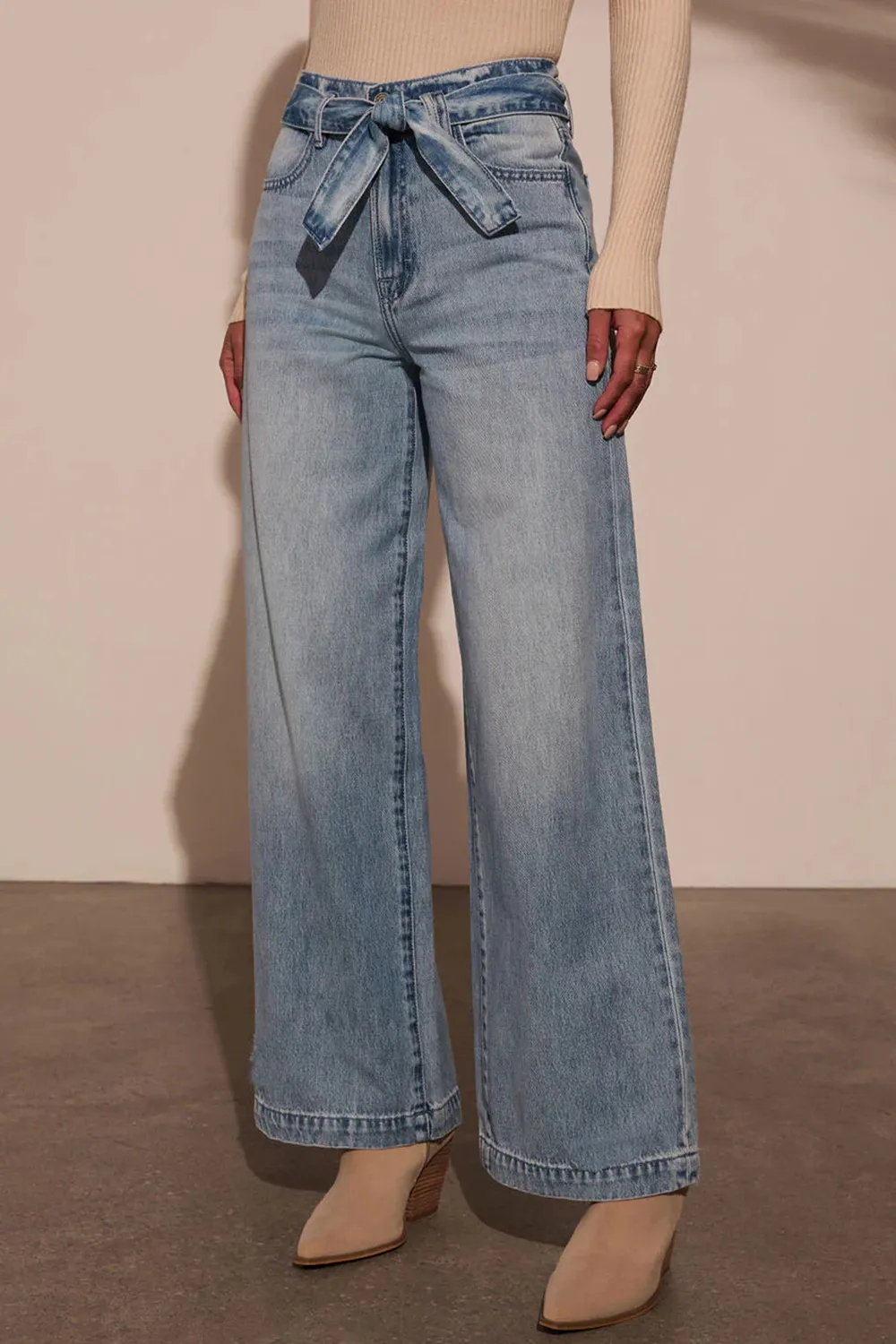 Tied Wide Leg Jeans with Pockets, image 2