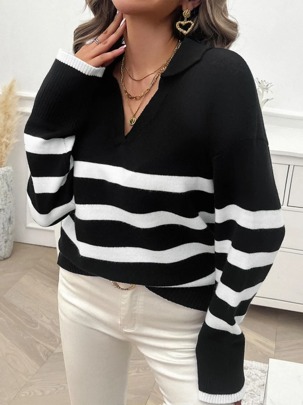 Striped Collared Neck Long Sleeve Sweater, image 5