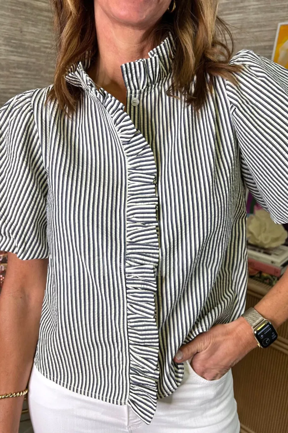 Striped Ruffle Short Bubble Sleeve Shirt, image 3