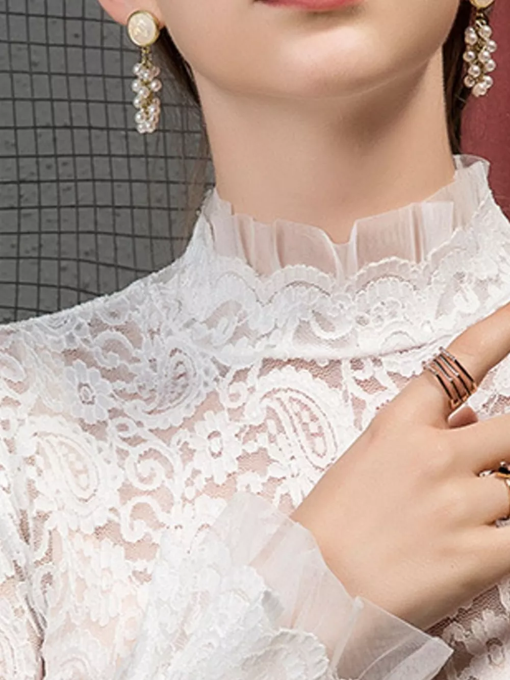 Full Size Lace Mock Neck Long Sleeve Blouse Plus Size, image 3