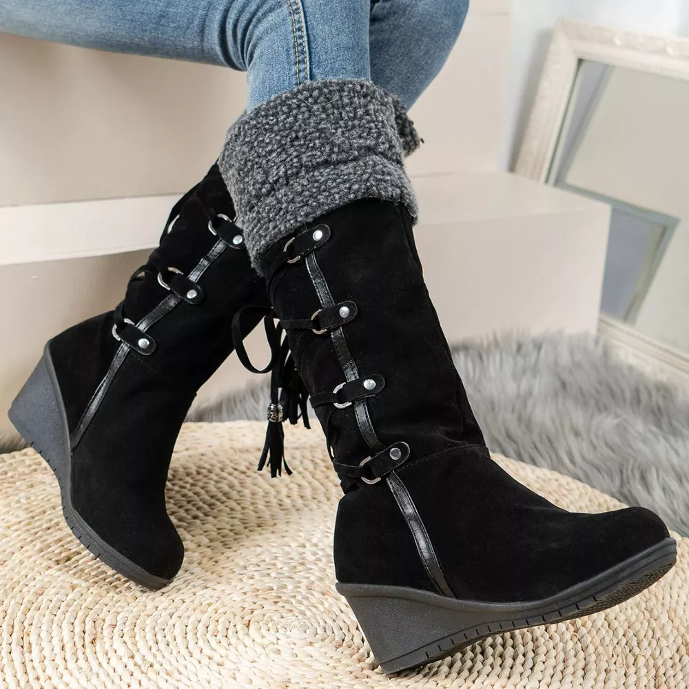 Suede Wedge Boots with Fur Cuff, image 3
