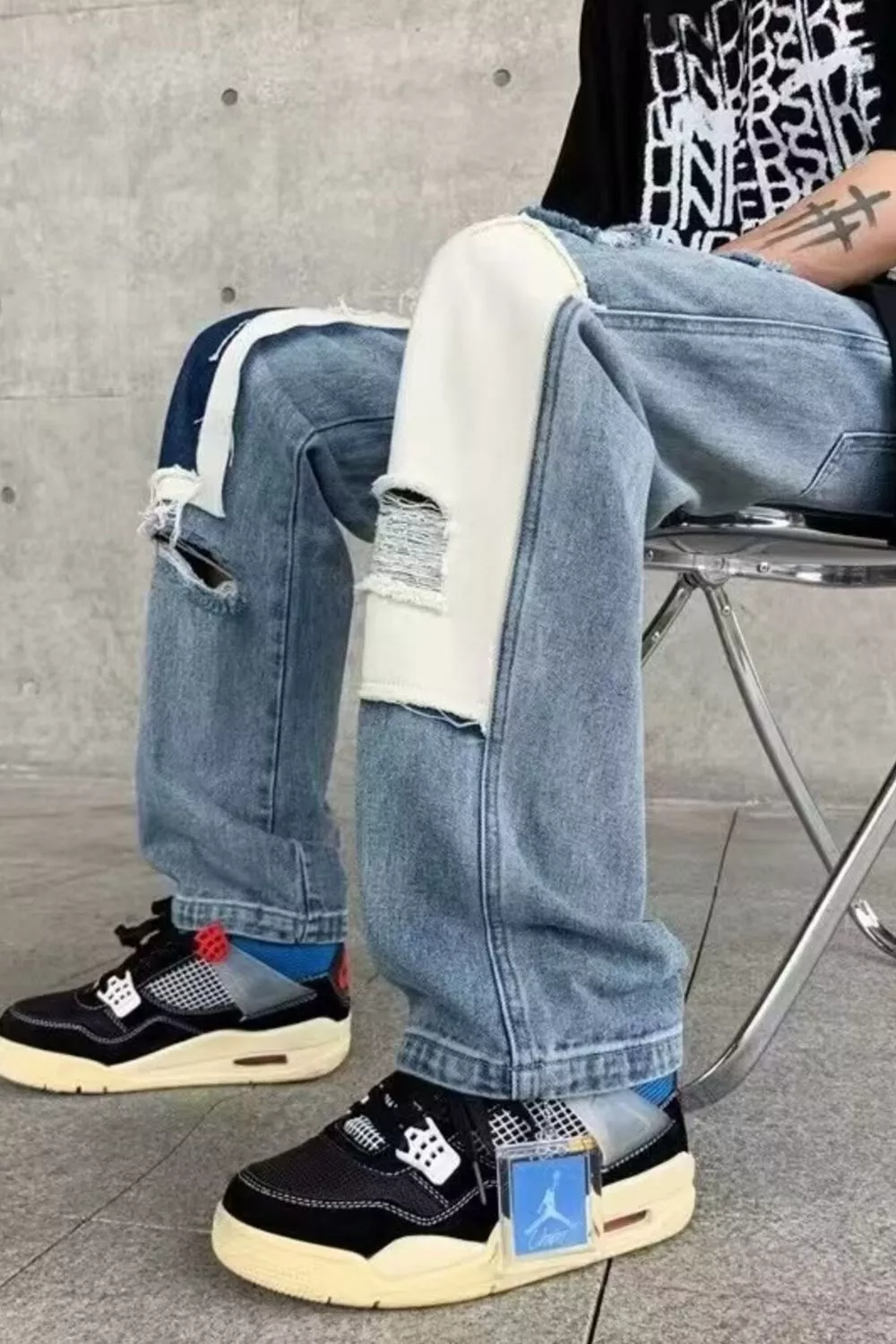 Men's Ripped Patchwork Wide Leg Jeans, image 4