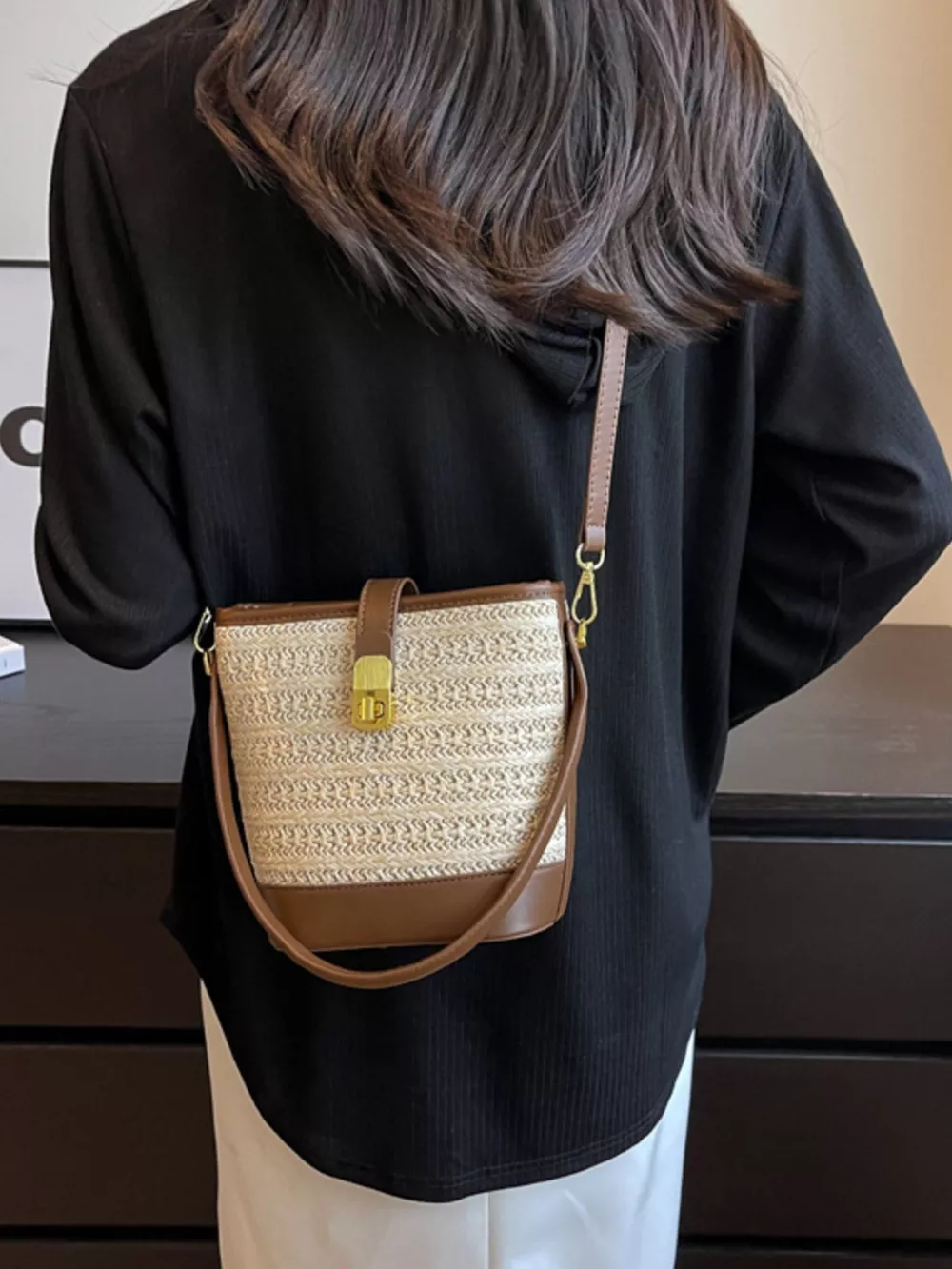 Woven Straw Bucket Crossbody Bag, image 2