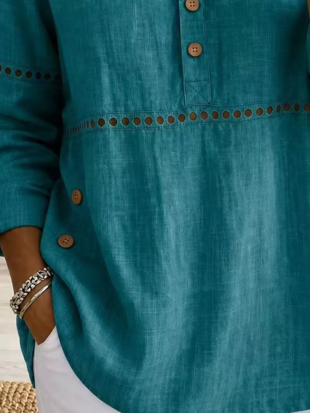 Full Size Button Detail Eyelet Long Sleeve Blouse Plus Size, image 21